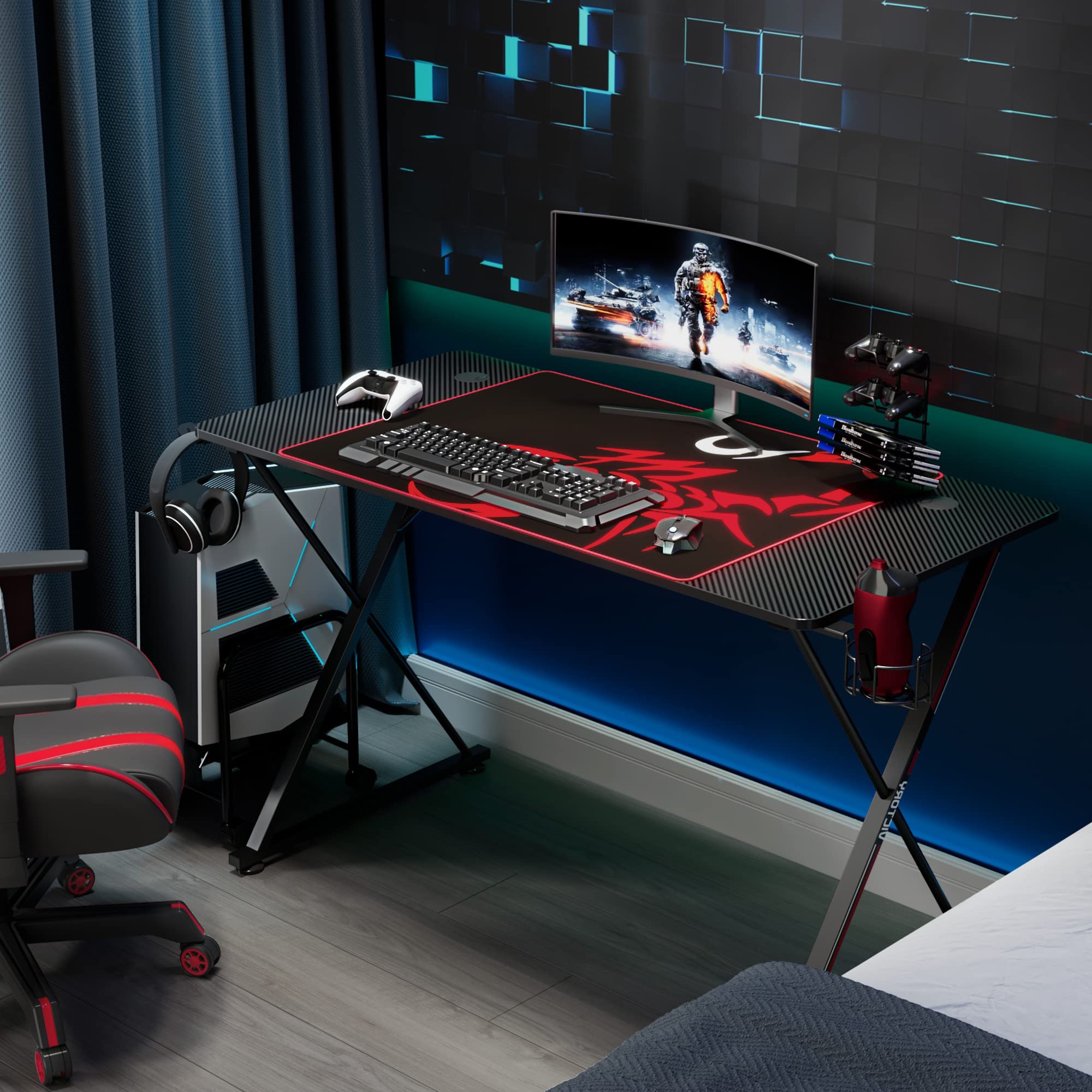 Gaming Desk, 47 inch Gamer Workstation, Carbon Fiber Surface Gaming Computer Desk
