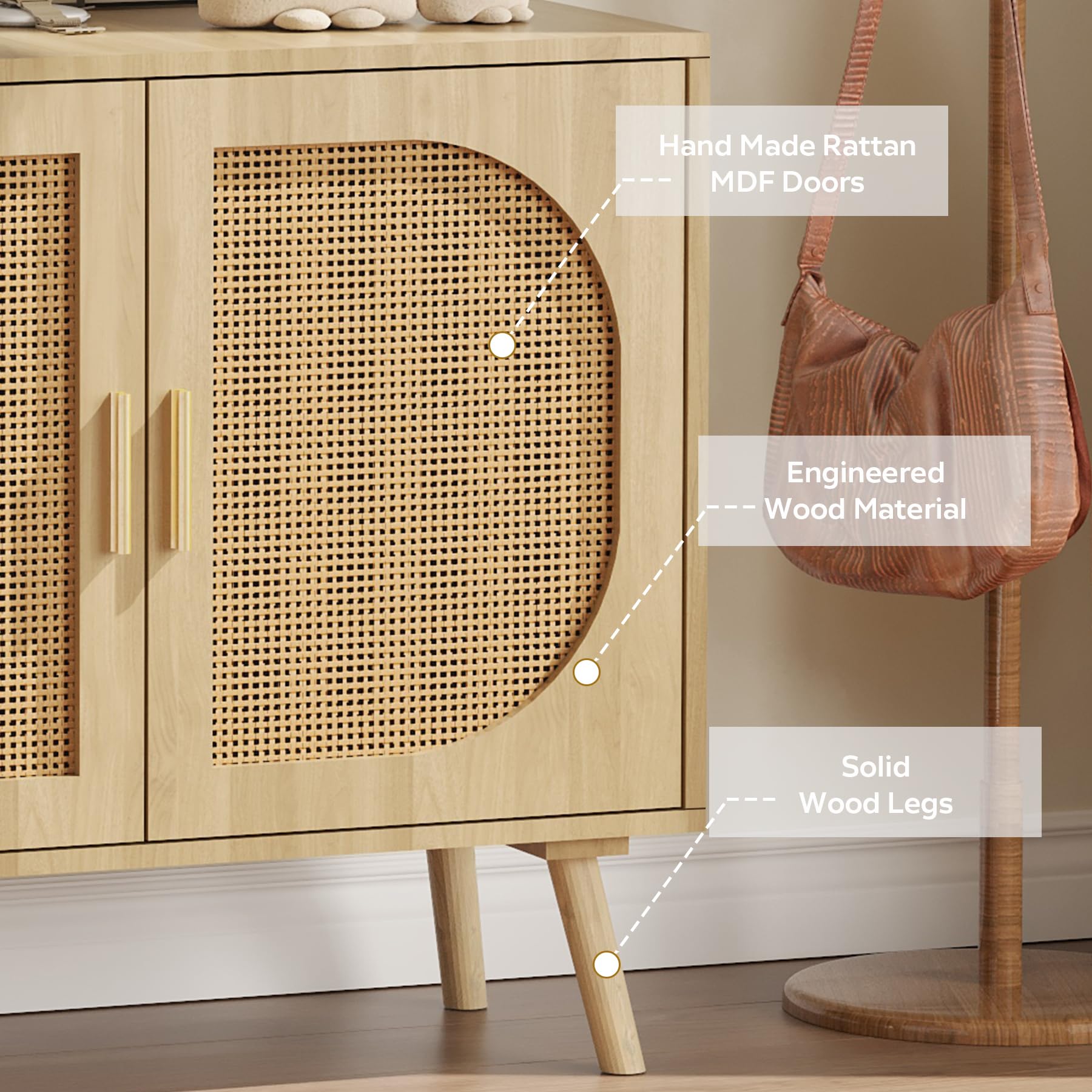 Rattan Storage Cabinet，Accent Bathroom Floor Cabinet，with Two Doors