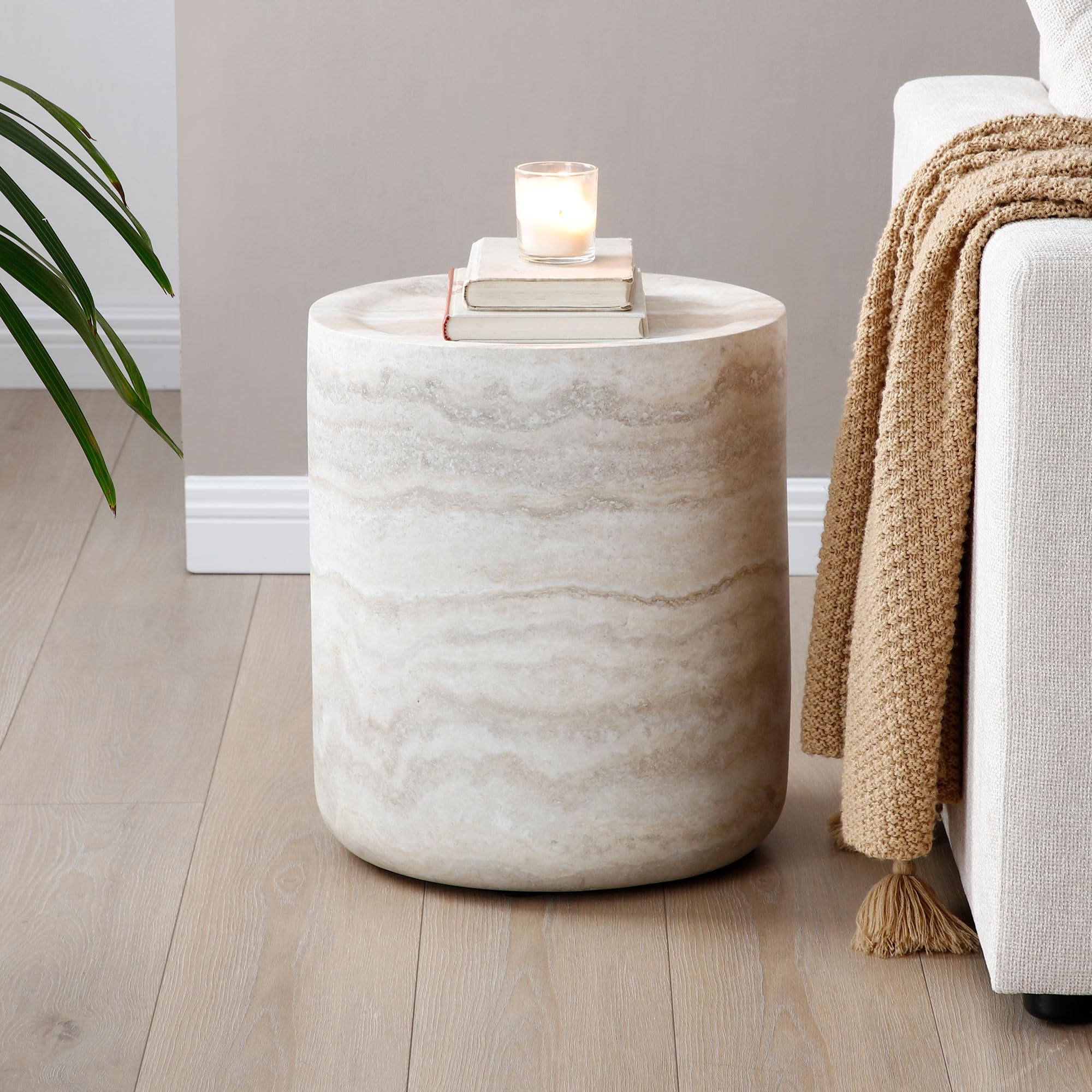 HanStrong Small Round Coffee Table 15.74" Side Table Marble Pattern Drum Shaped End Table Fiberglass Cocktail Table for Living Room Bedroom Office