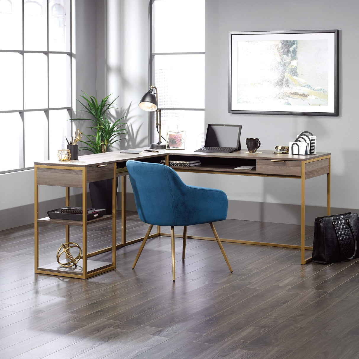 International Lux L-Shaped Desk, L: 65.98" x W: 60.0" x H: 29.72", Diamond Ash Finish