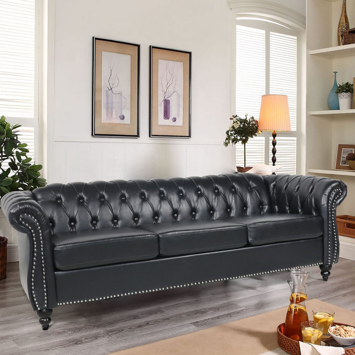 Chesterfield Sofa Leather, 84" Upholstered Tufted Couch 3 Seater with Rolled Arms