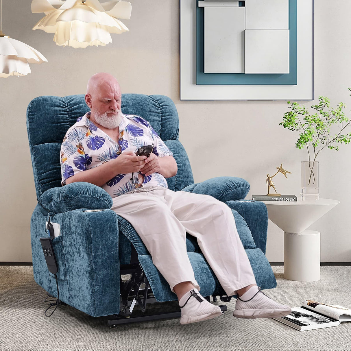 Sleeping Lift Recliner Chair with Heat Vabriation Massage for Elderly,Infinite Position Soft Fabric Power Electric Recliner Sofa Chair with Dual OKIN Motor for Living Room Blue Fabric