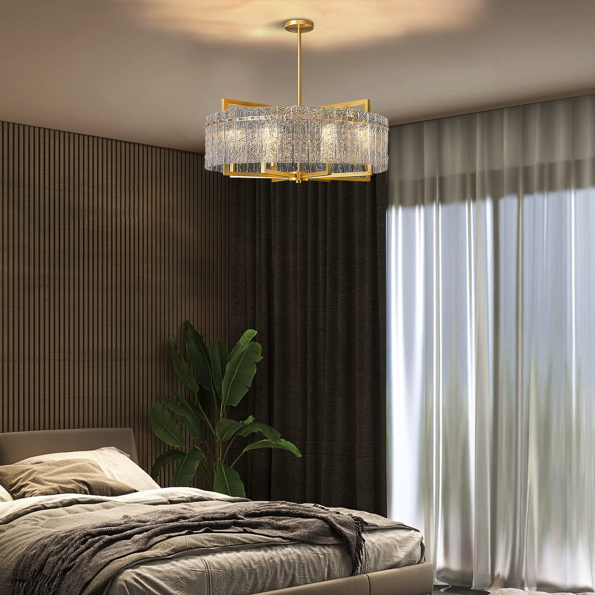 6-Light Modern Round Chandelier, Luxury Gold Drum Chandeliers, Water Ripple Glass