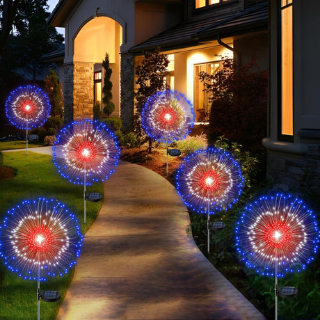 4th of July Decorations Outdoor Solar Lights, 2 Pack Solar Powered Firework Lights