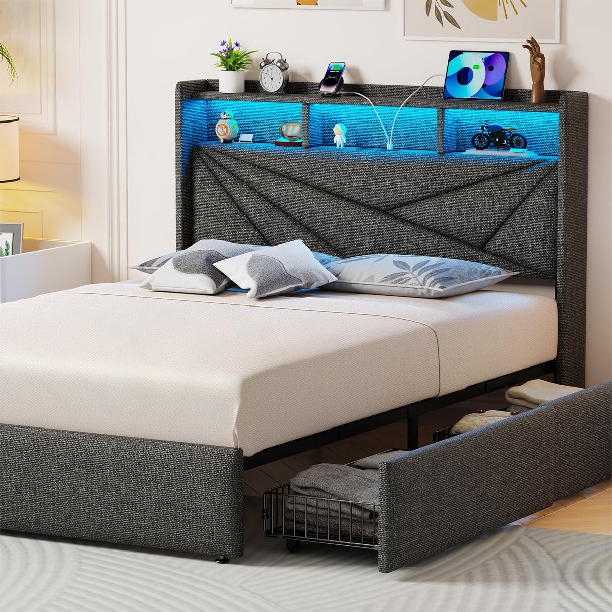 King Size Bed Frame with 4 Storage Drawers, Upholstered King Bed Frame