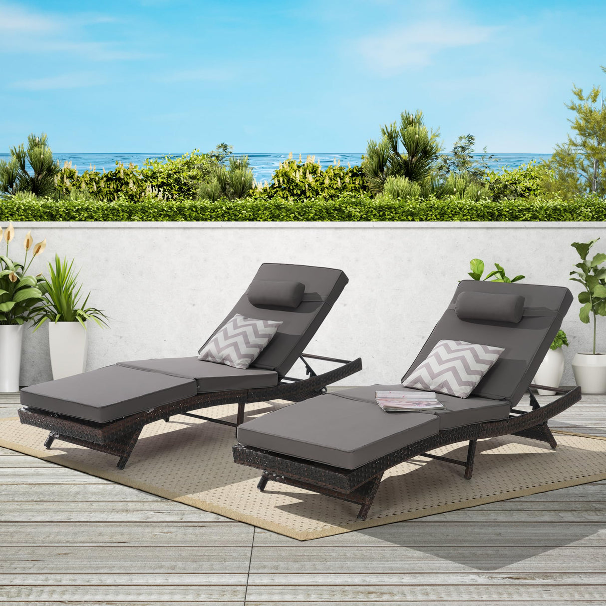 Outdoor Wicker Long Reclining Chair Set of 2 with Cushion