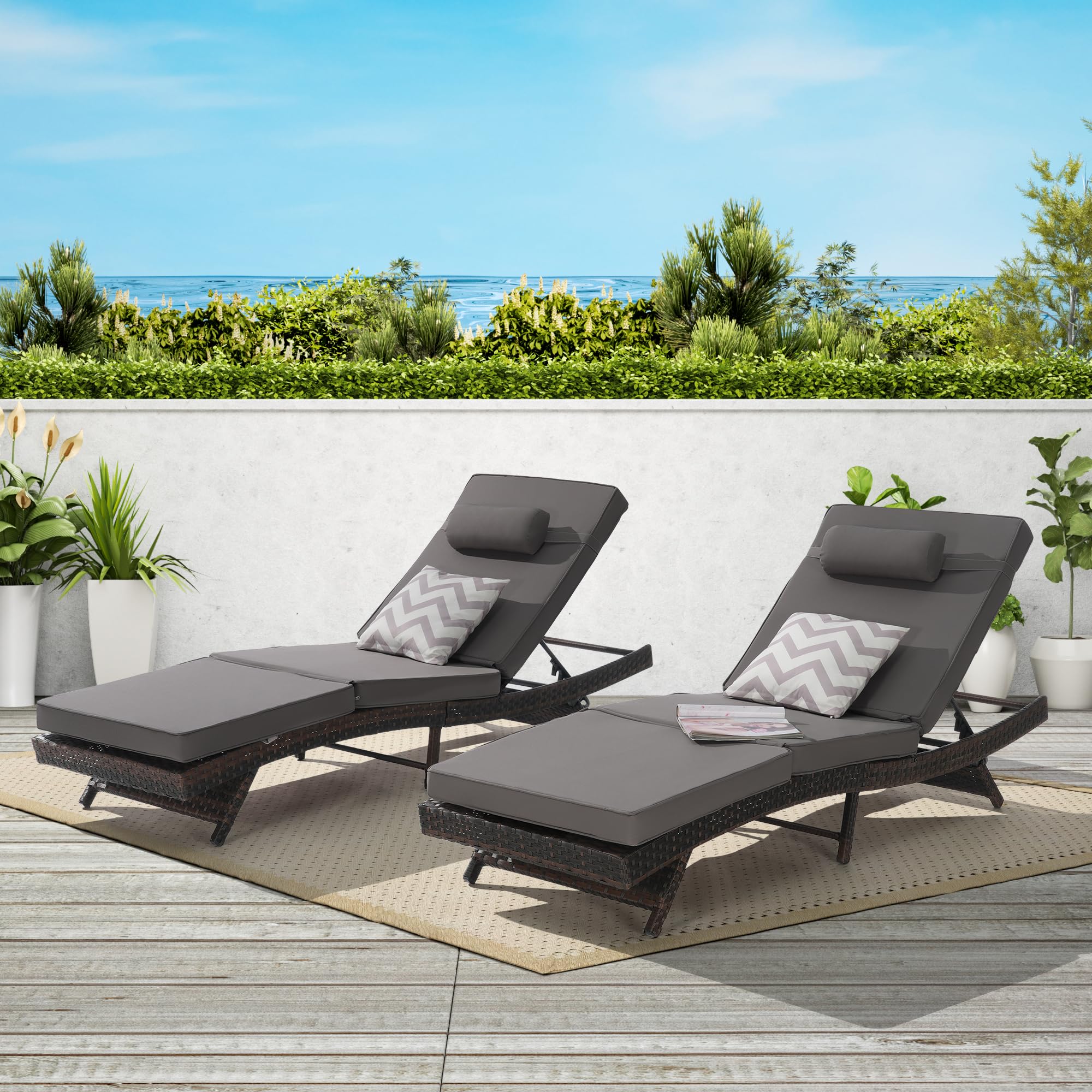 Outdoor Wicker Long Reclining Chair Set of 2 with Cushion