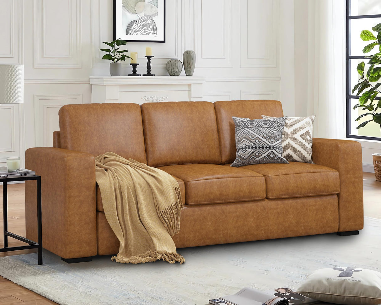 Mid-Century Modern 3-Seater Faux Leather Sofa with Deep Seats,Comfy Couch for Living