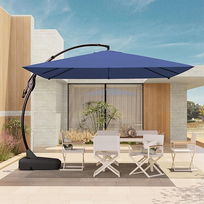 10'x10' Patio Offset Umbrella Aluminum Large Square Cantilever Umbrella with Base Included for Deck Porch (Black & White,