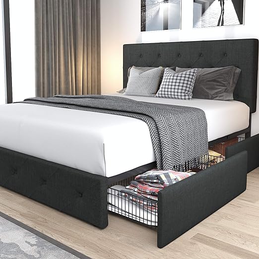 Upholstered Queen Size Platform Bed Frame with 4 Storage Drawers and Headboard