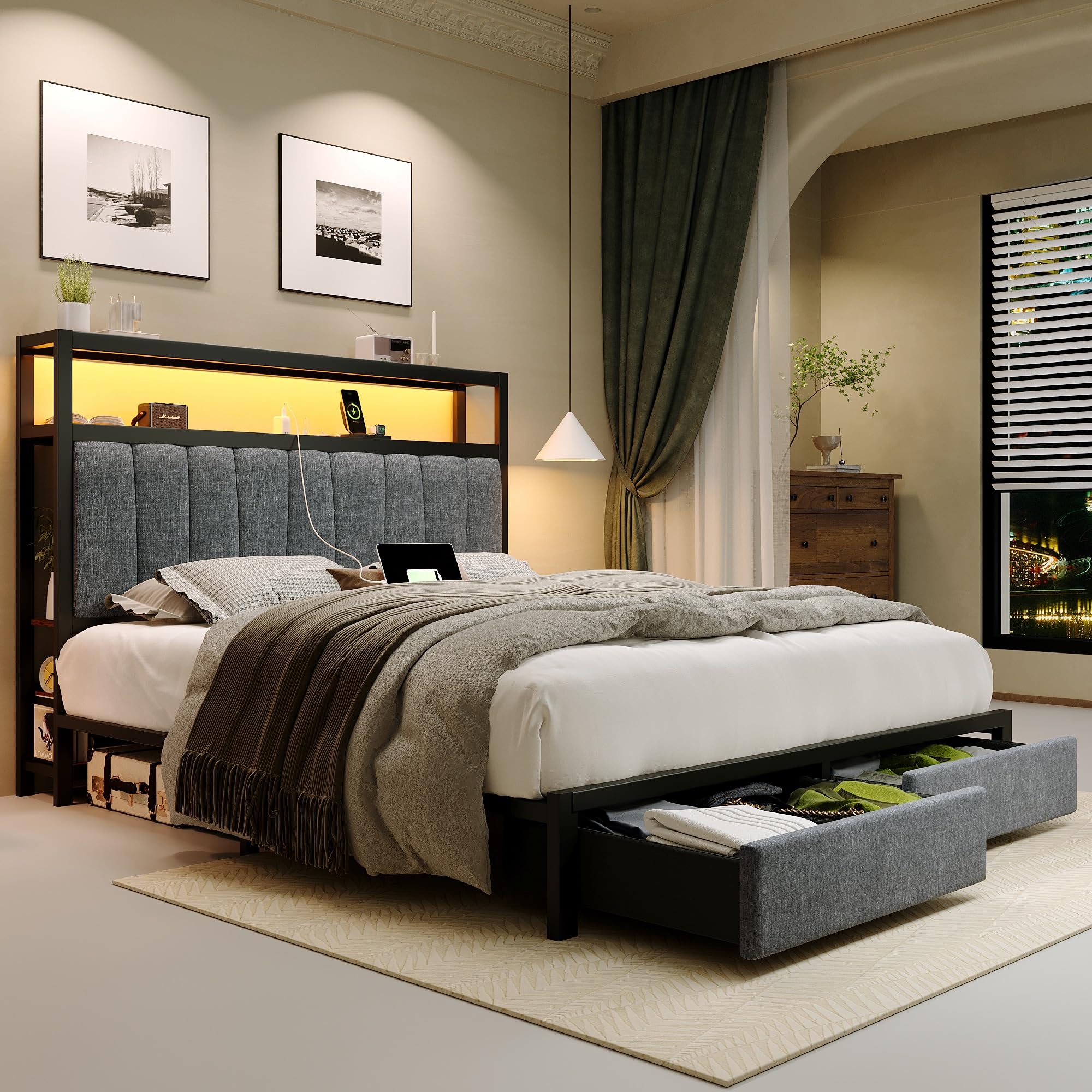 Fastroby LED Bed Frame Queen Size with Storage, Upholstered Queen Bed Frame with 2-Tier Charged Headboard and Drawers, 6-Side-Storage, Dark Grey