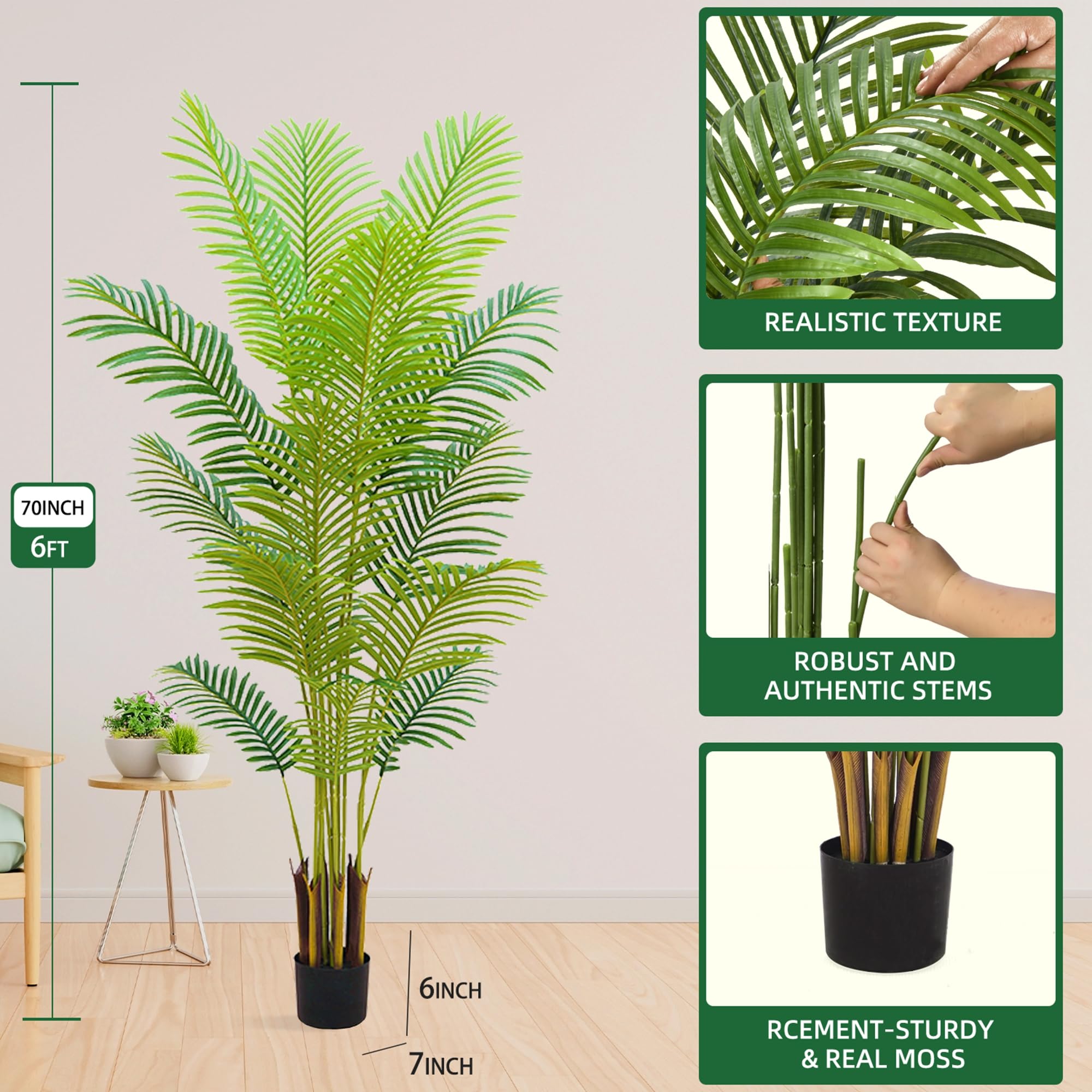 Artificial Palm Tree Indoor 6ft with with Realistic Leaves and Adjustable Branches and 15 Trunks, Faux Plants Indoor Tall - Ideal for Home Decor in Living Rooms, Offices, and Bedrooms