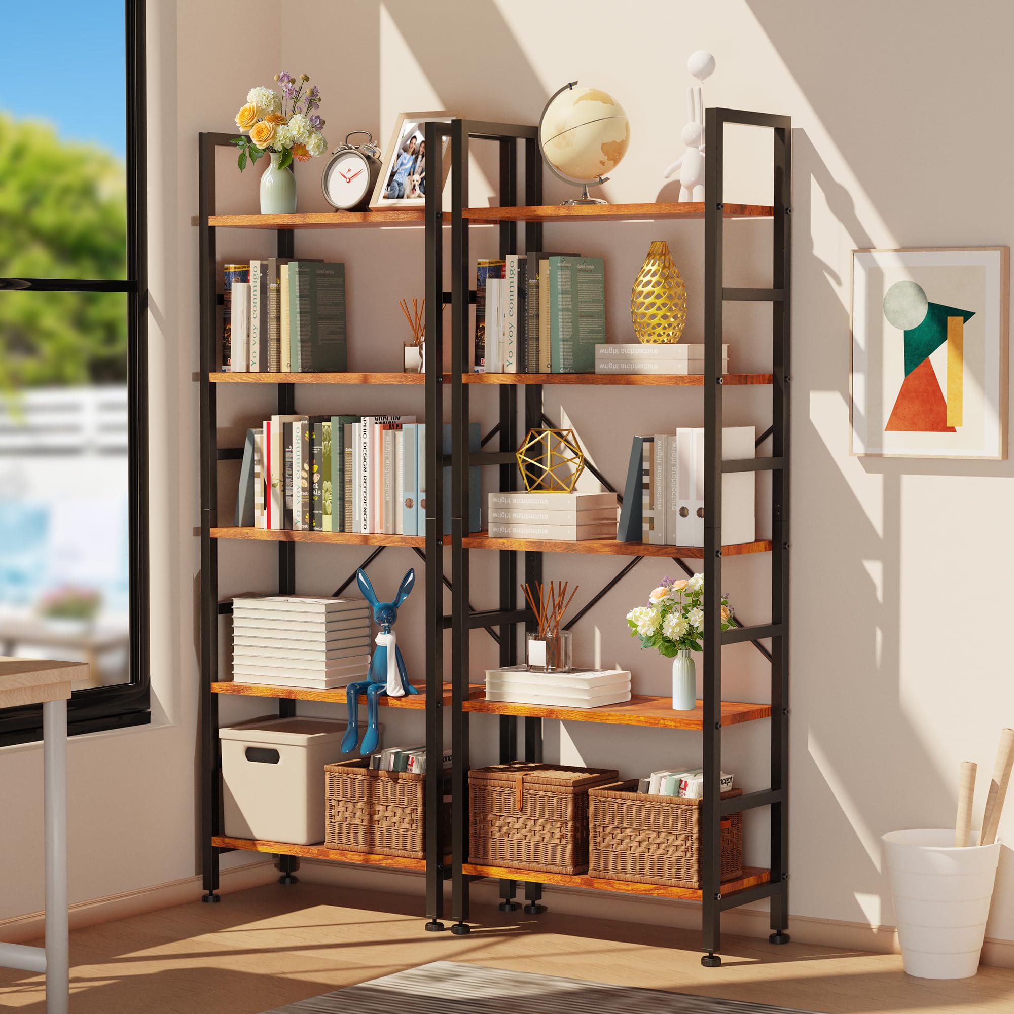 Simple Deluxe Book Shelf, 5 Tier Bookcase, Tall Bookshelf Display Storage Shelf for Books, Movies, Cd, Industrial Corner Book Case Modern Organizer for Bedroom Kitchen Office Living Room Rust Brown