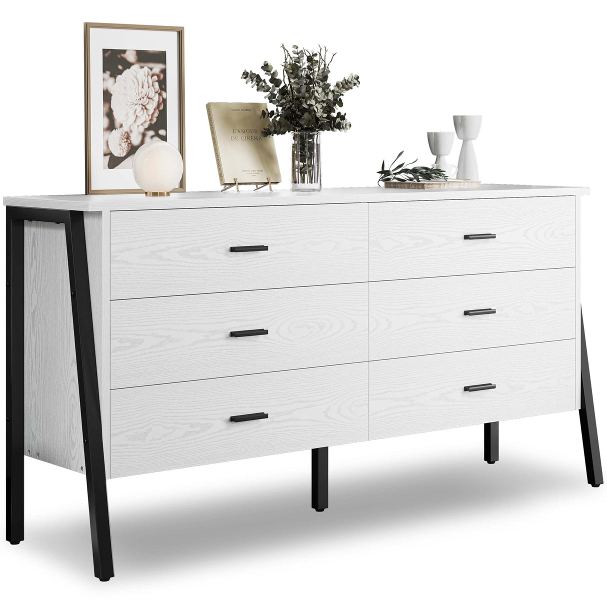 59" 6 Drawer Dresser for Bedroom, Wood Dressers & Chests of Drawers with Metal Frame,