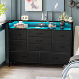 Black LED Dresser for Bedroom, Dresser with 9 Drawers and Charging Station