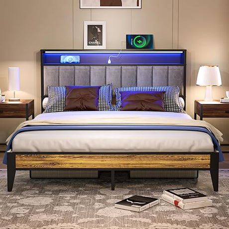 Twin Frame, Metal Platform Twin Size Bed Frame with Storage & LED Light Headboard