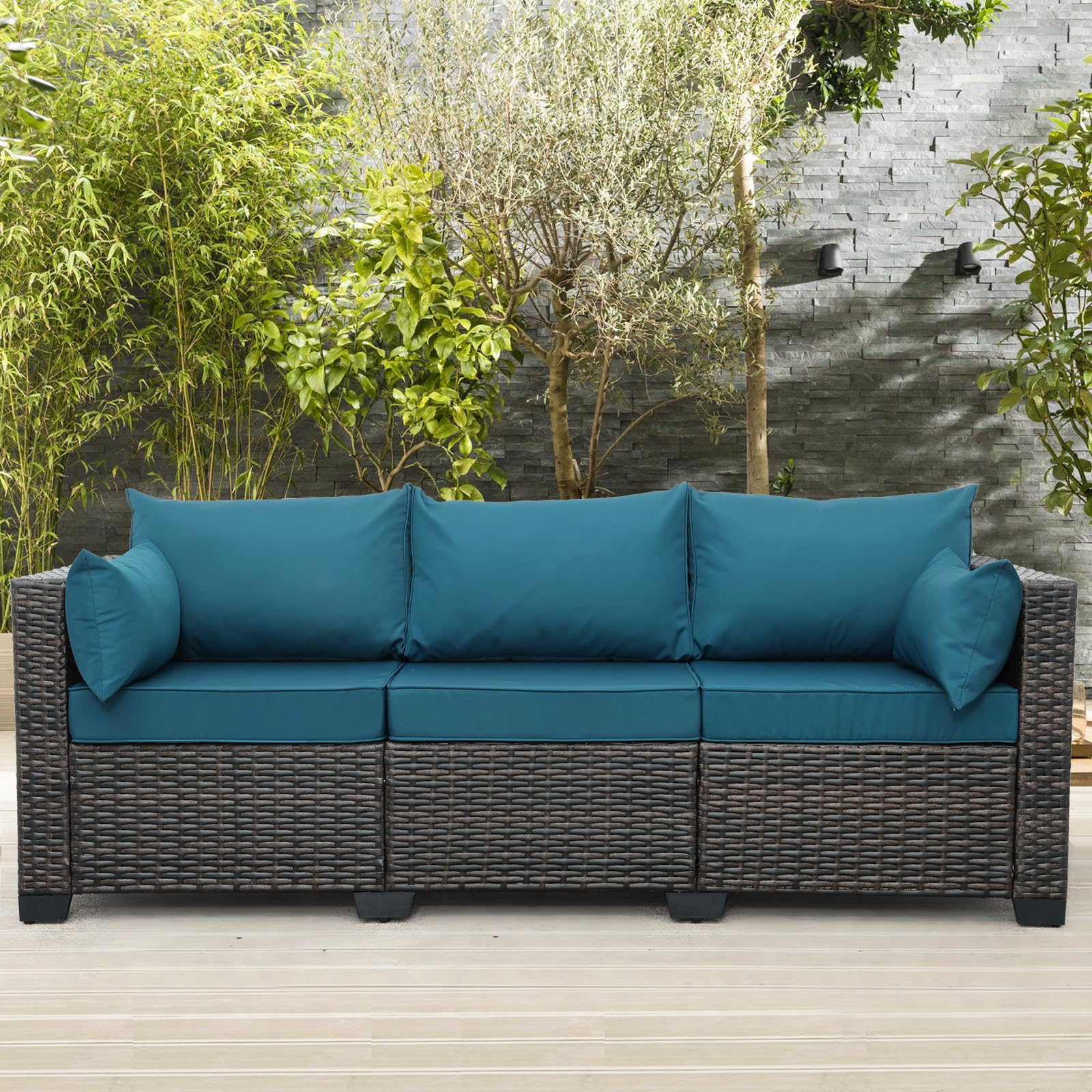 3-Seat Patio PE Wicker Couch Furniture Outdoor Brown Rattan Sofa
