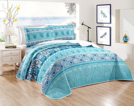 3 Piece Blue Coastal Quilt Sets Queen Size Microfiber Comforter Bedspread