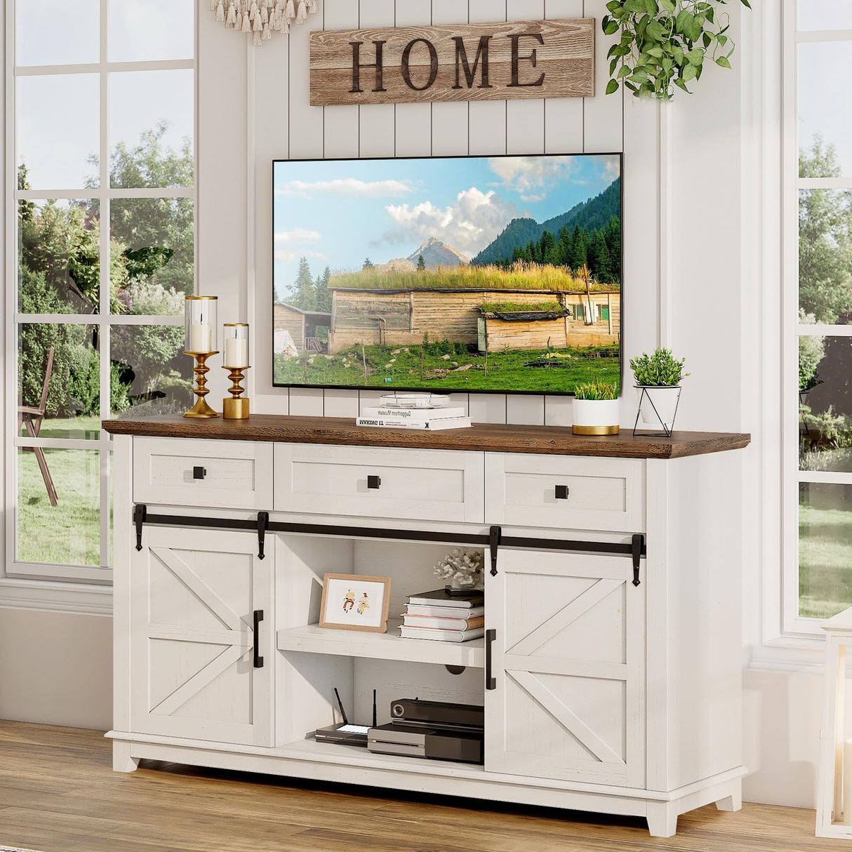 TV Stand with Sliding Barn Door & Drawer, 59" Rustic Entertainment Center