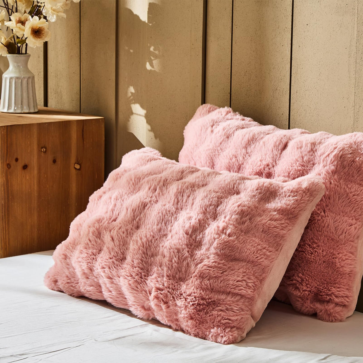 Faux Fur Queen Comforter Set – Pink Fluffy Comforter Queen Size, Big Bubble Faux Rabbit