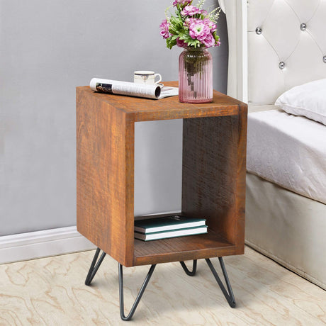 22 Inch Textured Cube Shape Wooden Nightstand with Angular Legs, Brown and Black