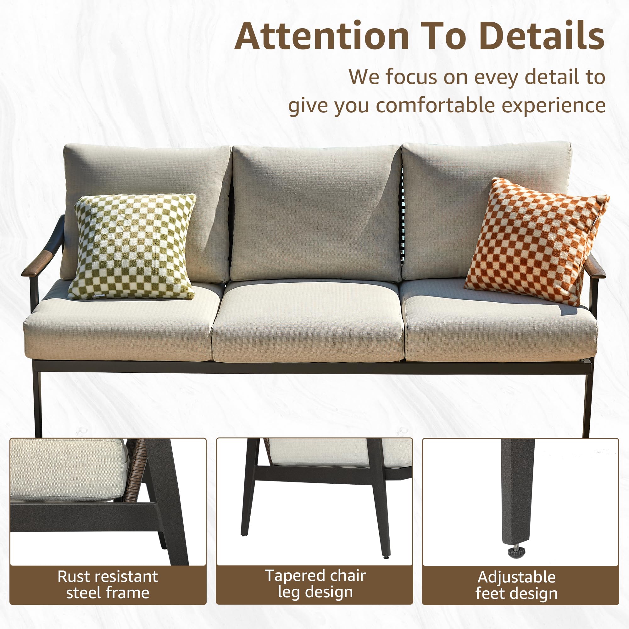 Patio 3 Seats Sofa Outdoor Loveseat, Patio Furniture Metal Outdoor Sofa