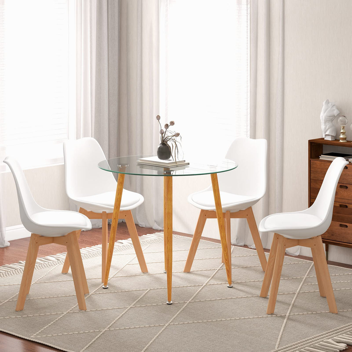 Dining Table Set for 4, Modern 5-Piece Dining Room Set w/ 1 Round Tempered Glass Table