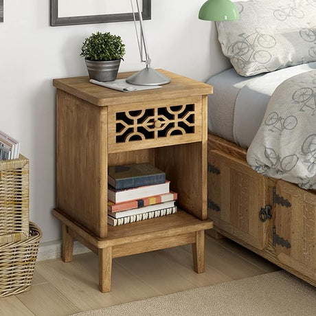 Retro Rustic Nightstand Solid Fir End Table Side Table with Hand Carved Front and Open Shelf for Boho