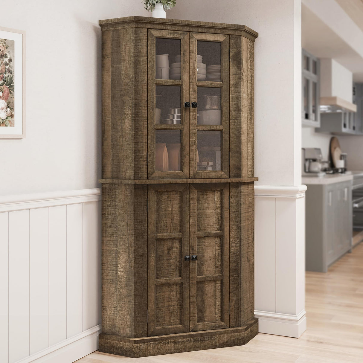 Corner Storage Cabinet, 67" Kitchen Corner Pantry Cabinet with Glass Doors, Farmhouse