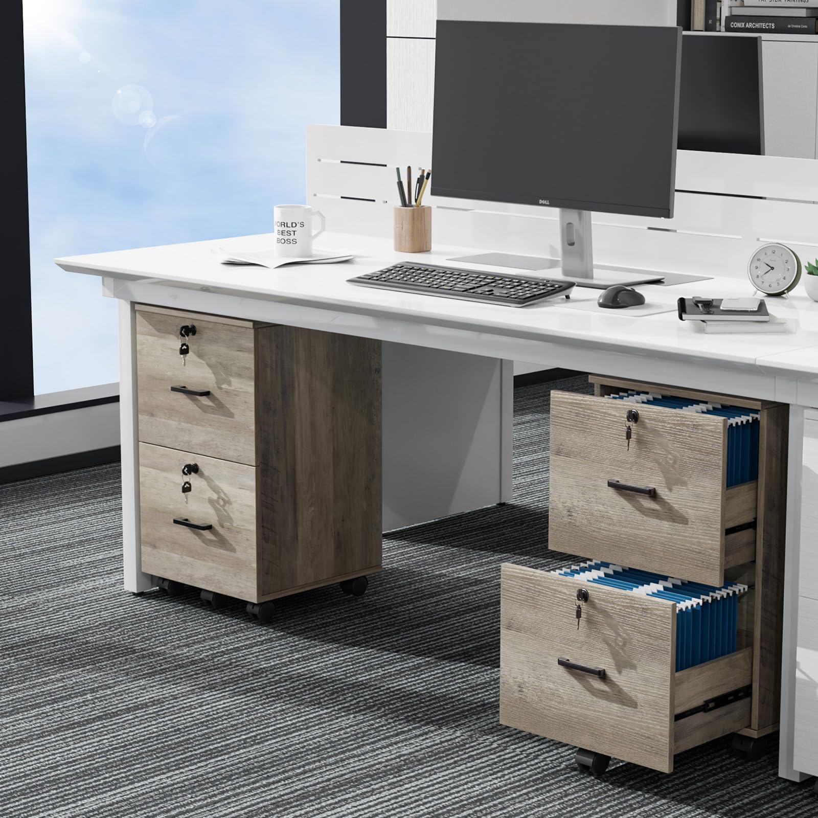2 Drawer File Cabinet with Lock, Wood Rustic Gray File Cabinet