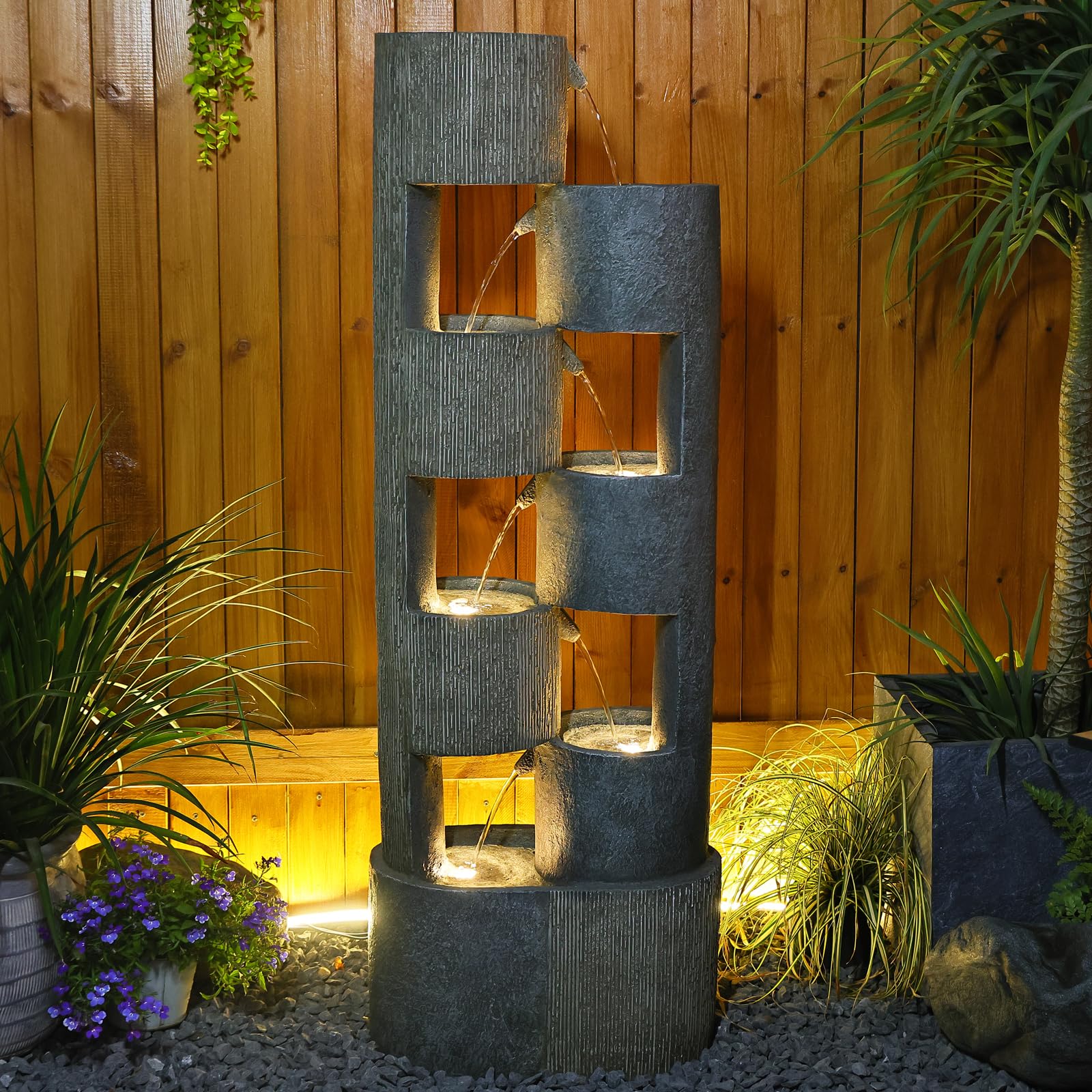 51" Outdoor Water Fountain Uneven Cylinders Waterfalls Fountain Floor Standing Water