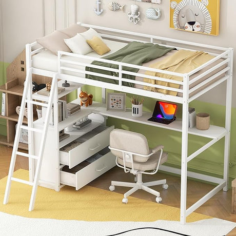 Kid’s Twin Metal Loft Bed with Desk and Cabinet Loft Bed Twin Size Bed Frames Loft