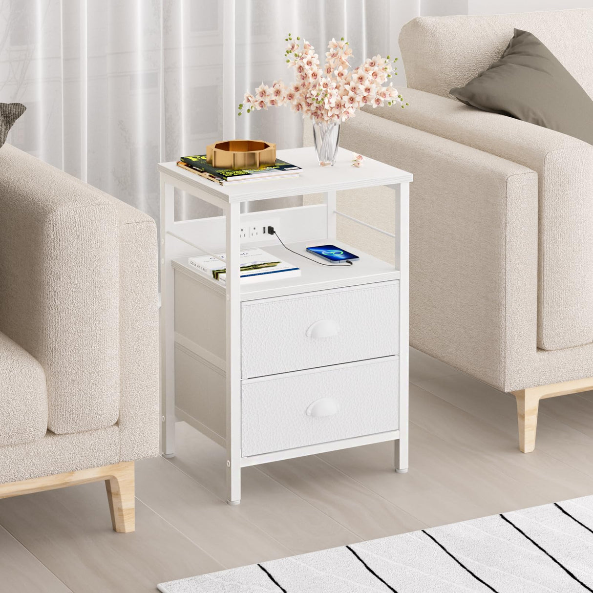 End Table with Charging Station, Nightstand with Fabric Drawers