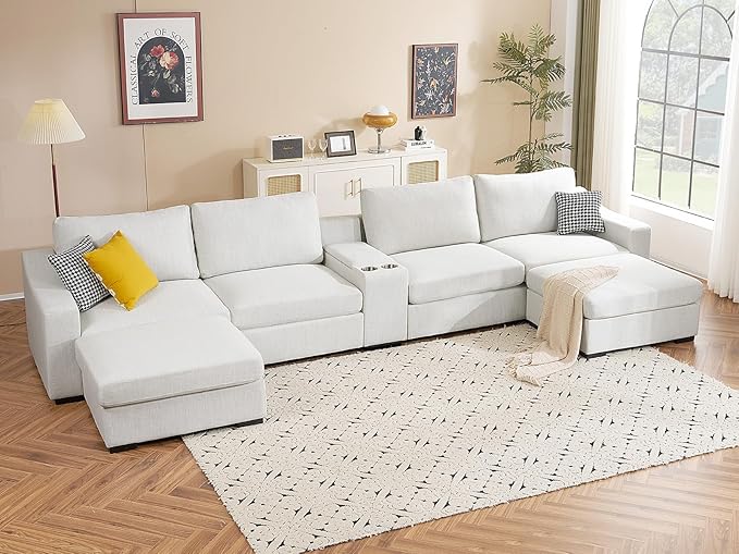 Oversized Sectional Fabric Sofa with Console, 2 Cup Holders and Storage Space