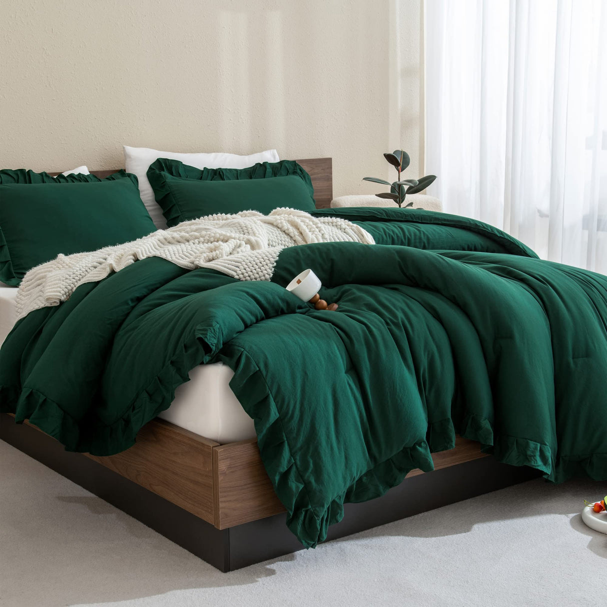 Dark Emerald Green Comforter Set Queen, 3 Pieces Solid Ruffle Farmhouse Bedding Set