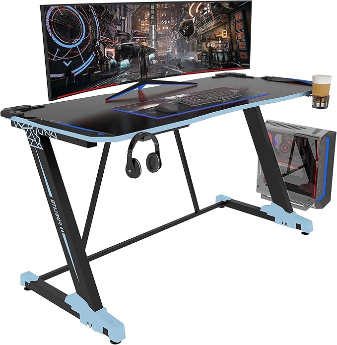 55 Inch Gaming Desk, PC Computer Desks, Gamer Tables, with LED Lights, Cup Holder