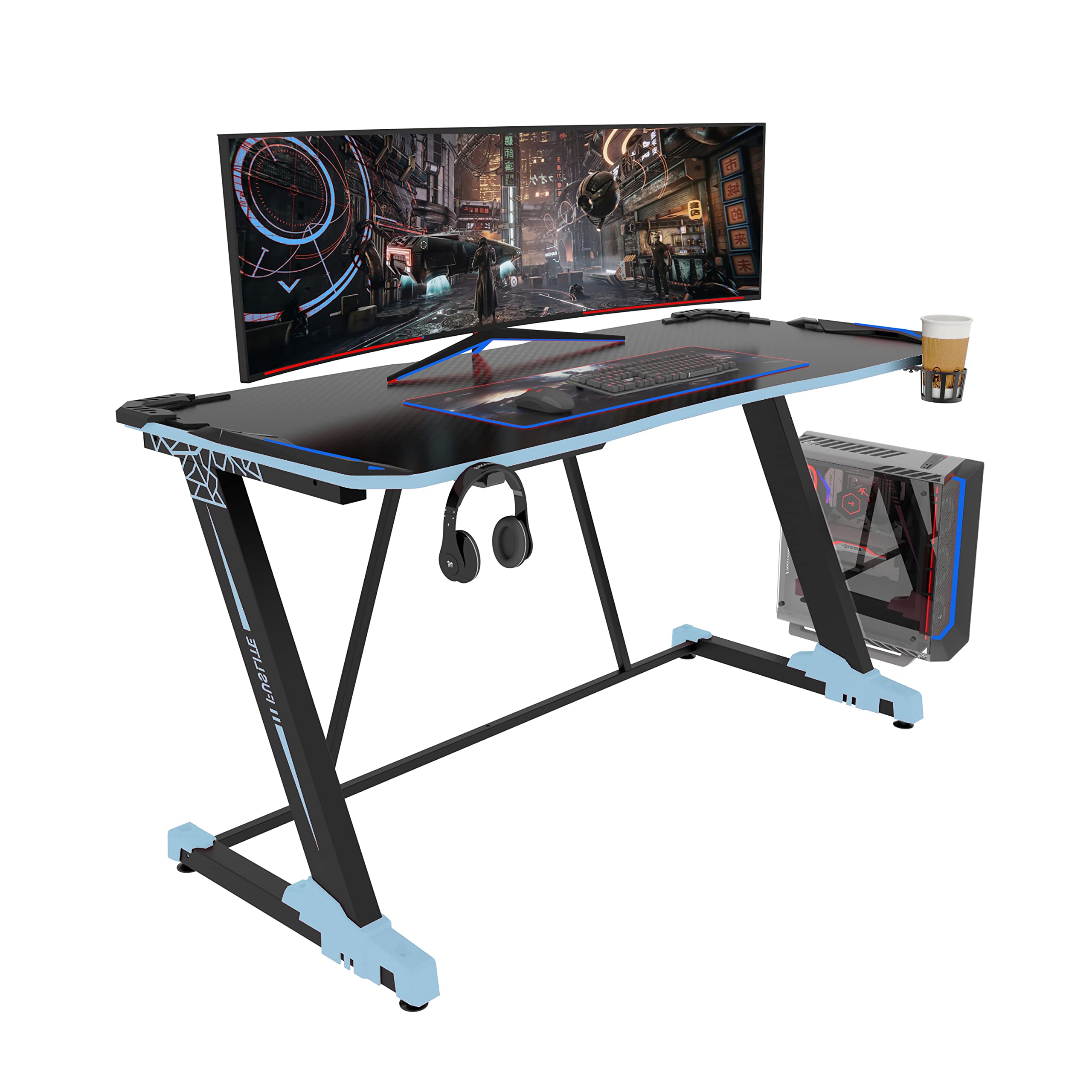 55 Inch Gaming Desk, PC Computer Desks, Gamer Tables, with LED Lights, Cup Holder