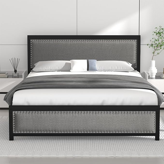 Twin Bed Frame with Upholstered Linen Headboard and Footboard, Heavy-Duty Platform