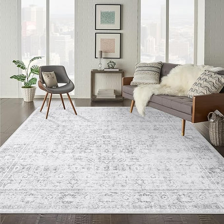 Washable Area Rug 8x10 Large Boho Living Room Rug Vintage Grey Rug for Bedroom