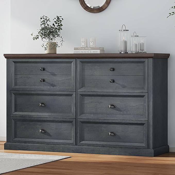 58 Inch Wide Farmhouse 6 Drawer Dresser for Bedroom, Modern Bedroom Dresser