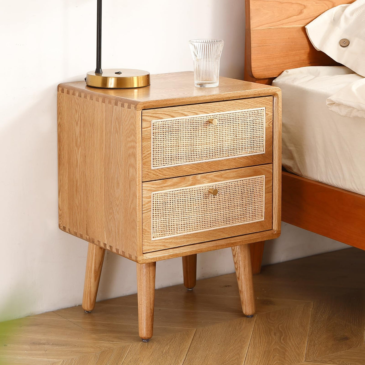 Olusmane Nightstand Easy Assembly Solid Oak Wood Mid Century Modern Night Stand with 2 Rattan Drawers Small Bedside Table Sturdy & Durable 15.75" L x 13.78" W x 21.26" H (Natural)