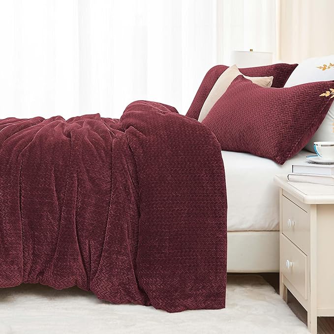 Fluffy Comforter Set - Furry Leaves Pattern Faux Fur Bed Set, Winter Ultra Soft Fuzzy