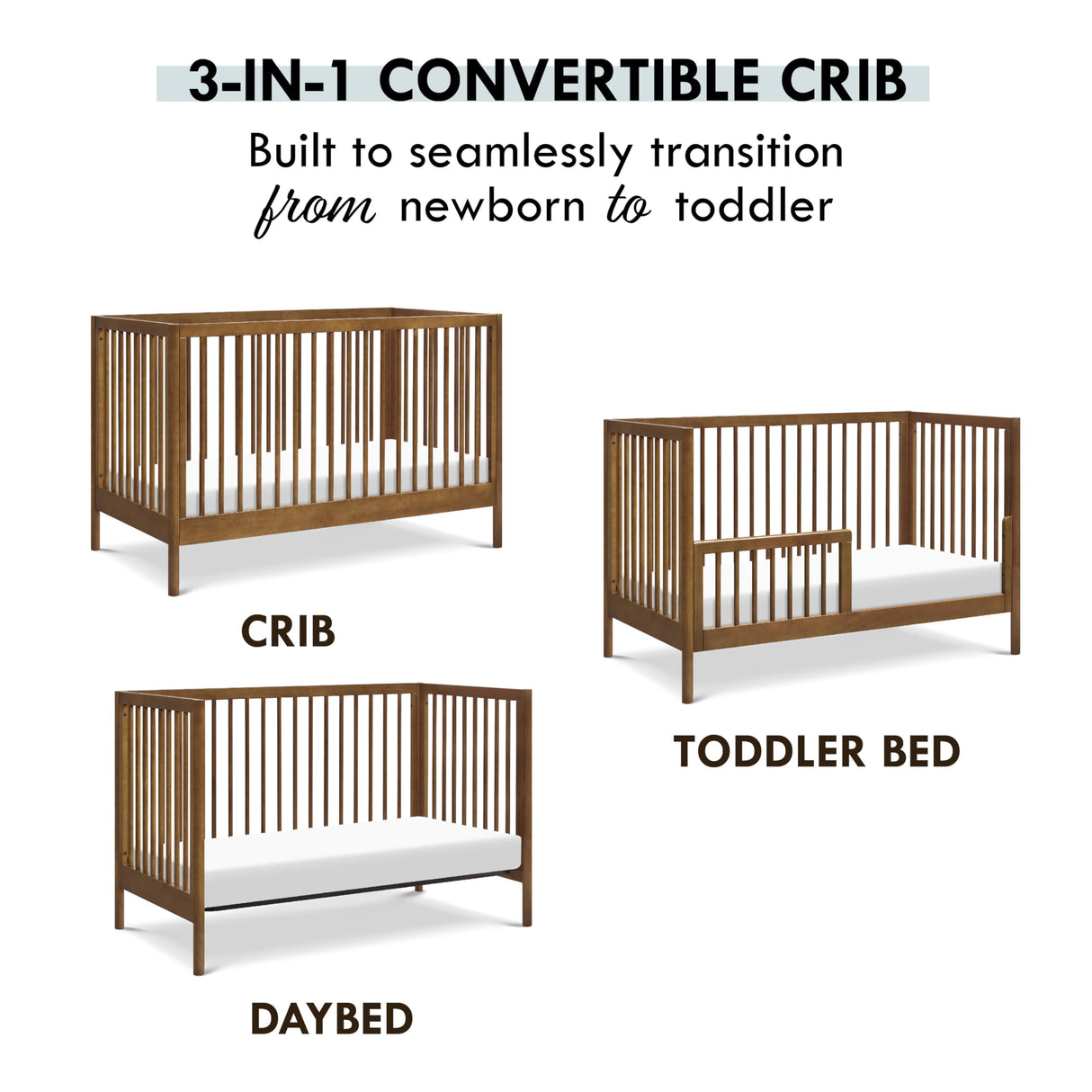 Birdie 3-in-1 Convertible Crib, Walnut, Easy Assemble, Greenguard Gold Certified