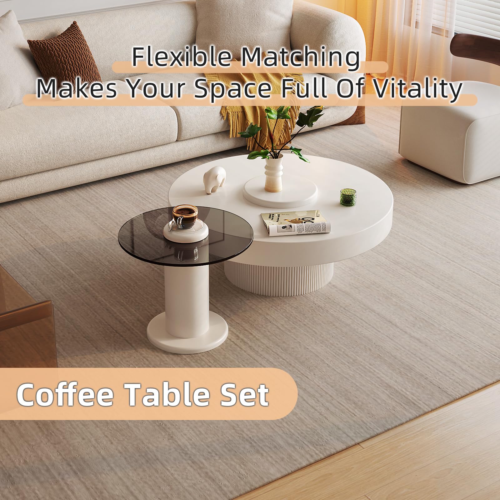 Modern Round Coffee Table Set of 2 Small End Table Tempered