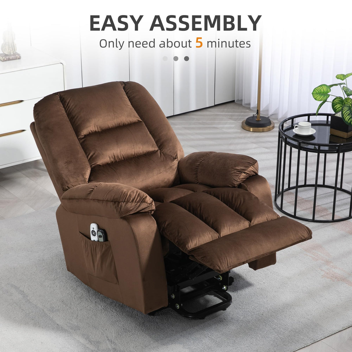 Power Lift Recliner Chair, Ergonomic Massage Chair with 4 Positions and Heating, Fabric Overstuffed Living Room Chairs with Side Pockets, Dark Brown