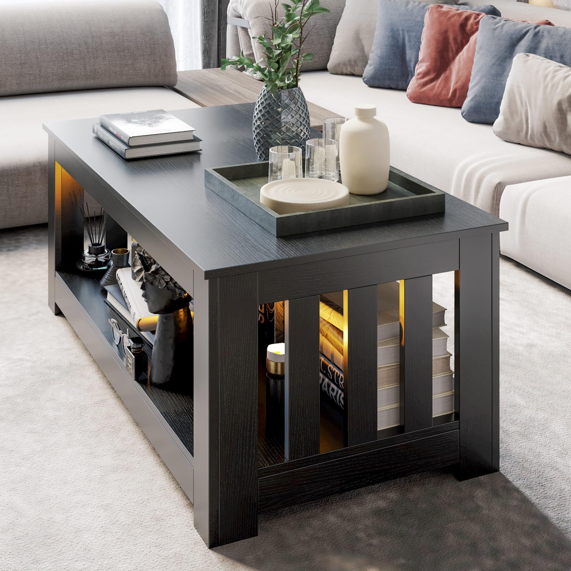 Wooden One Style Fits All Coffee Table - Black Coffee Table, 2-Tier Rectangular Table