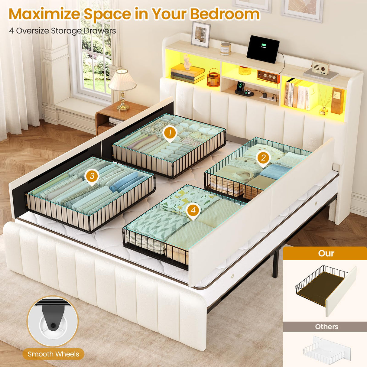 Full Size Bed Frame with Bookcase Headboard and Storage Drawers