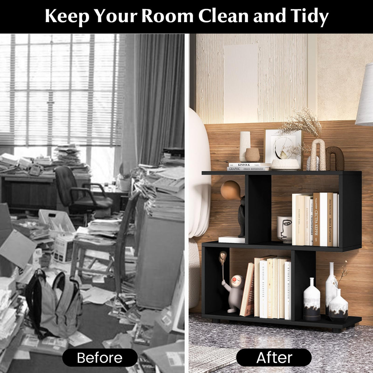 3-Tier Geometric Bookshelf, 24" Tall Wood S-Shaped Display Shelves with Thick Foot Pads, Freestanding Open Shelves Nightstand, Floor Standing Display Shelf Bookcase, Black