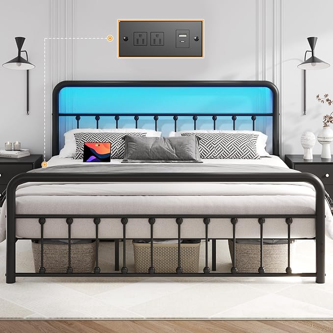 Metal Platform Bed Frame with Charging Station & LED, Victorian Style Iron-Art