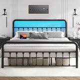 Metal Platform Bed Frame with Charging Station & LED, Victorian Style Iron-Art